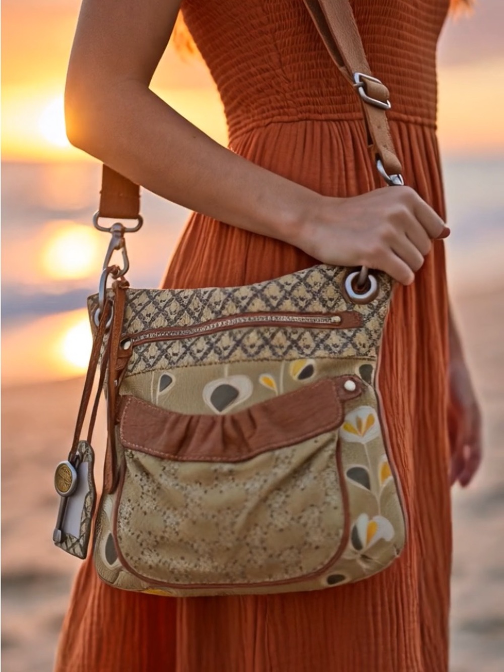 Fossil Y2K Retro Genuine Leather Floral Canvas Crossbody Shoulder Purse